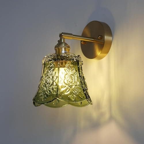Image of Vintage Green Glass Wall Sconce - Gold Straight Arm Industrial Antique Bathroom Wall Light Fixture with Amber Glass, Modern Bedside Wall Lamp for Bedroom, Living Room, Farmhouse, Hallway(Green)