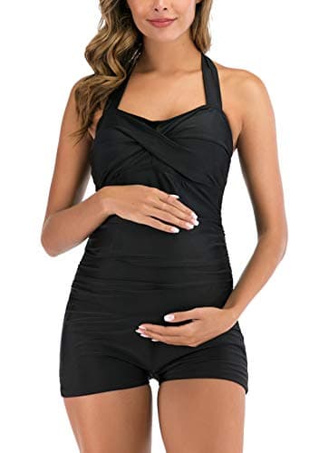 Image of EastElegant Maternity One Piece Swimwear Retro Halter Swimsuit with Boyleg Pregnancy Bathing Suit Boyshort Black XXL