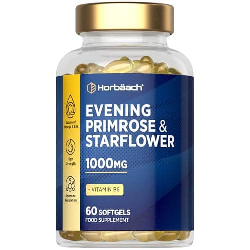 Image of Evening Primrose and Starflower Oil Capsules 1000mg | with Vitamin B6 | 60 Softgels | Rich Source of Omega 6 GLA & 9 Oleic Fatty Acids | by Horbaach