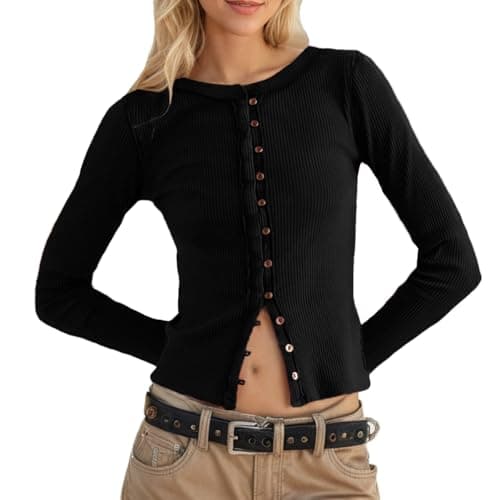 Image of Fuimsul Women Button Down Ribbed Knit Crop Top Casual Slim Fit Crew Neck Long Sleeve Button Front Knitted Crop T Shirt, Black, L