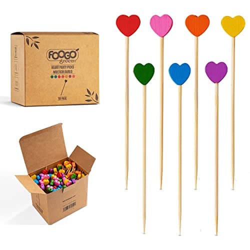 Image of FOOGO Green 150pcs Bamboo Cocktail Sticks, FSC® Certified, 9cm Fancy Multi-Coloured Heart skewers, Cocktail Accessories for Drinks, Party Food Picks, Sturdy compostable Eco-Friendly Wooden Sticks