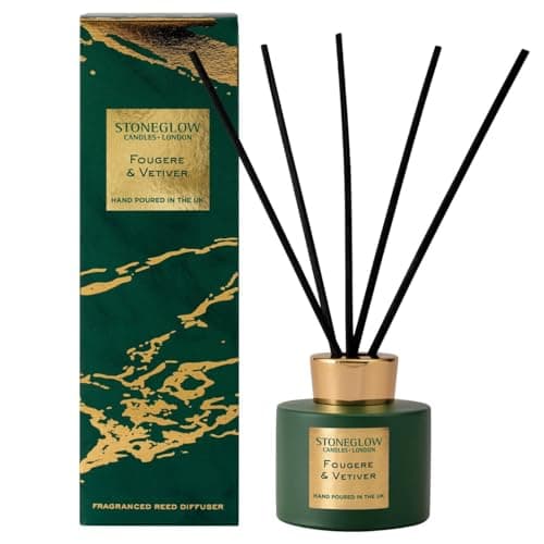 Image of Stoneglow Luna Collection Fougere & Vetiver Scented Reed Diffuser 120ml – Rosemary, Pine, Cinnamon & Vetiver Scents, Lasts 10 Weeks, 10 Rattan Reed Diffuser Sticks, Refillable Home Fragrance