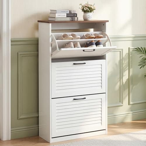 Image of BonVache Shoe Storage Cabinet, with 3 Flip Louvered Doors, Narrow Shoe Storage,Wooden Shoe Organiser For Apartment,Student Dormitory,Hallway, Entreway, Living Room,White