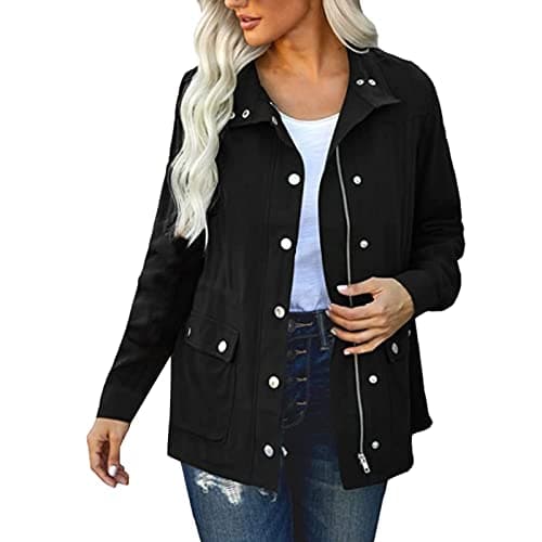 Image of Women's Jackets Lightweight Cotton Jackets Zip Up Utility Jacket, Casual Work Windproof Outerwear with Multiple Pockets for Spring