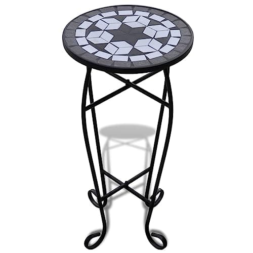 Image of vidaXL Black and White Mosaic Side Coffee Table - 30cm Iron Frame Plant Stand for Garden, Terrace, Balcony, and Outdoor Events