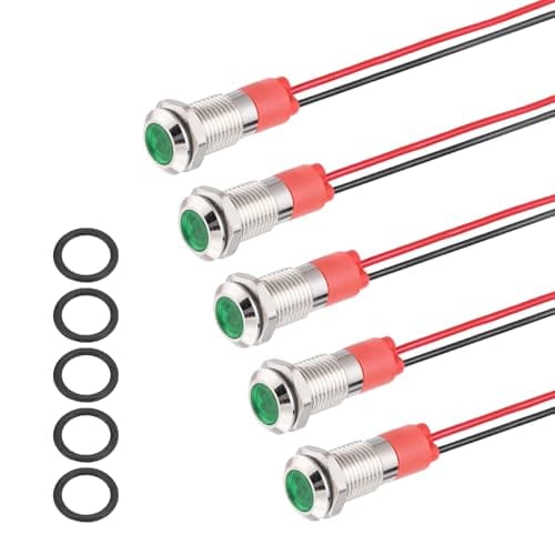 Image of PATIKIL 5Pcs 8mm(5/16") Indicator Light,12V-24V AC/DC 20mA LED Metal Signal Lamp Waterproof IP67 Flat Head Signal Lights with 150mm(5.9") Cable for Boat Car,Green