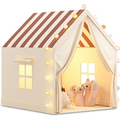 Image of FREEAMG Children's Play Tent with Multi-Coloured Ball Lights & Storage Bag - 120x105x128cm Kids Playhouse for 3-7 Year Old Boys Girls, Indoor Toddler Tent, House Toy (Khaki)