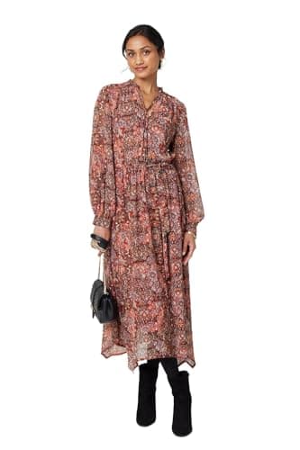 Image of Izabel London Floral Paisley Semi Sheer Midi Dress for Women UK with a tie Neck, tie Waist & Long Puff Sleeves.