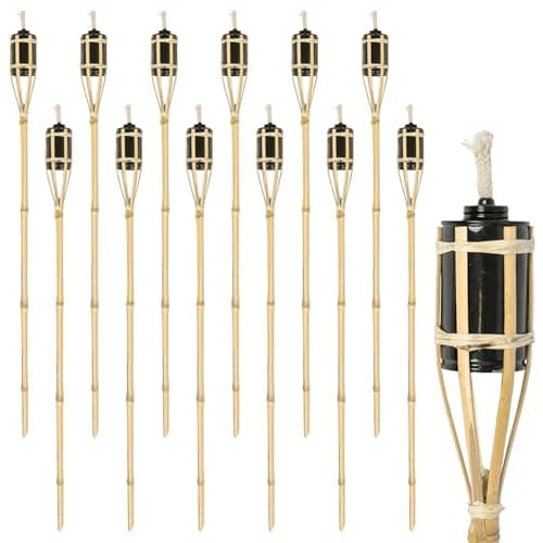 Image of 12x Natural 113cm Bamboo Garden Fire Torches - Outdoor Paraffin Lamp Oil Burner Tiki Candle Flame Lantern Stake Light - By Harbour Housewares