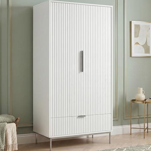 Image of Blisswood Fluted 2 Door Wardrobe with Drawer – Modern Painted Bedroom Wardrobe with Hanging Rail, Freestanding Double Door Storage Cupboard with Metal Handles & Raised Legs, 90 x 55 x 180 cm White