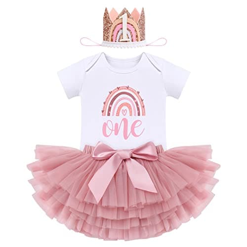 Image of FYMNSI Boho Rainbow First Birthday Outfit for Baby Girl One Year Old Party Cake Smash Photo Shooting Cotton Short Sleeve Romper Bodysuit Princess Tutu Tulle Skirt Crown Hat 3pcs Set Dusty Pink