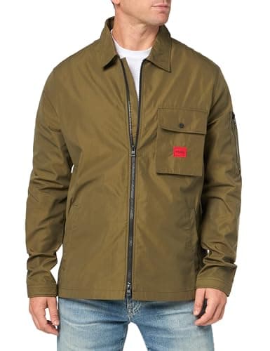 Image of HUGO Men's Cotton Mix Canvas Zip Up Overshirt, Military Green, Medium