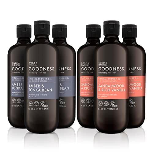 Image of Baylis & Harding Goodness Men's Shower Gel Bundle: 3 x 500 ml Amber & Tonka Bean & 3 x 500 ml Sandalwood & Vanilla (6 Bottles) - Vegan Friendly