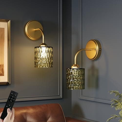 Image of Luxcolyn Rechargeable Wall Lights Set of 2, Non Hard Wired, 5200mAh Battery Operated Cordless Wall Sconce Light with Remote for Indoor Living Room, Bedroom, USB Charging, Green Glass Lamp Shade