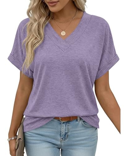 Image of PLOKNRD Women's Loose Fit T-Shirts V Neck Cuffed Short Sleeve Ladies Summer Casual Tops Lavender XL