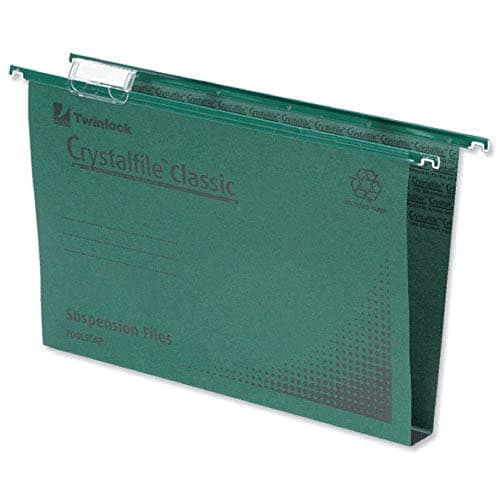 Image of Rexel 330 Lateral Hanging Files with Tabs and Inserts, 15 mm V-base, 100 Percent Recycled Manilla, Green, Crystalfile Classic, Pack of 50, 70670