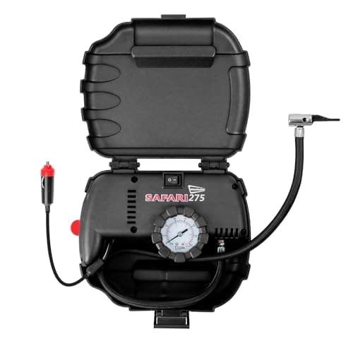 Image of Streetwize SWAC11 Safari Air Compressor – Portable Tyre Inflator with Work/Warning Lights, Analogue Pressure Gauge, 12v Power Cable, Case