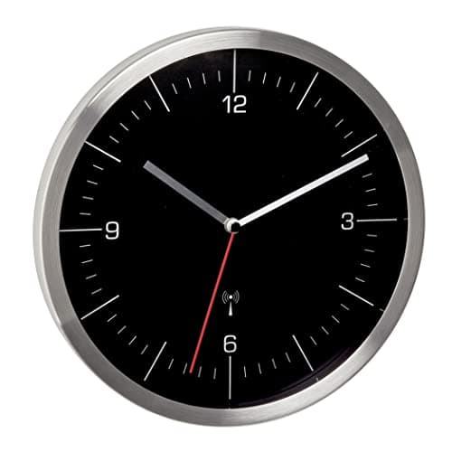 Image of TFA Dostmann 60.3544.01 Wireless, Ticking Noise, Kitchen Wall Clock, Analogue, Glass/Stainless Steel, Metal, Black/Silver, 245 x 245 x 41 mm