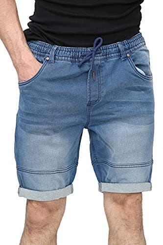 Image of NOROZE Men's Shorts Cotton Denim Elasticated Waist with Drawstring Shorts Multi-Pockets Knee Length Summer Turn Roll Up Men Shorts UK Size 30-40