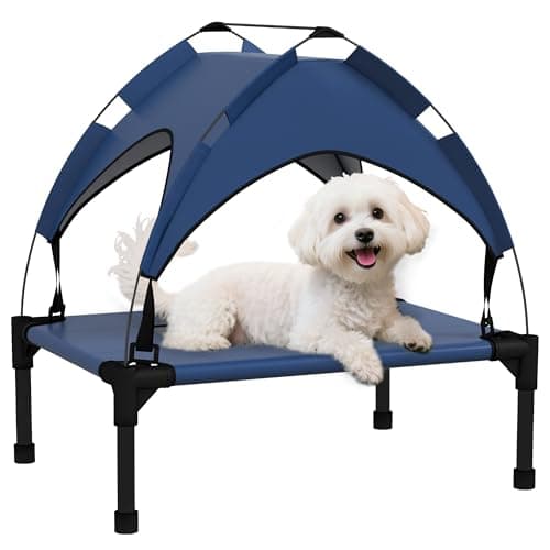 Image of PawHut Cooling Raised Dog Bed, Elevated Pet Bed with Breathable Mesh, UV Protection Canopy, Foot Pads, for Indoor Outdoor, Mini, Small Dog, 61 x 46 x 63cm - Dark Blue