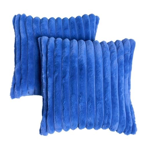 Image of OHS Cobalt Blue Cushion Covers 45 x 45 Decorative Thick Ribbed Faux Fur Cushion Covers Set of 2 with Invisible Zipper Square Throw Pillow Cover Home Decor for Living Room Sofa Bedroom