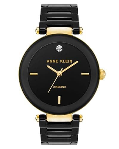 Image of Anne Klein Women's AK/1018BKBK Diamond-Accented Gold-Tone and Black Ceramic Bracelet Watch
