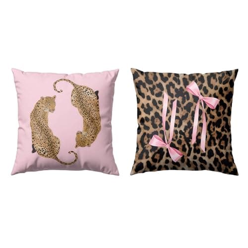 Image of 2PCS Leopard Print Cushion Covers 45x45cm, Ultra-Soft Cotton Feel Leopard Print Pillow Cases for Bedroom, Funky Pink Bow Design, Y2K Aesthetic Room Decor Gift for Teen Girls Women