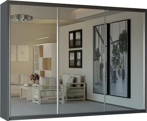 Image of SLIDING WARDROBE 4U Mirror Sliding 2 or 3 Door Wardrobe with LED Light 90cm/120cm/150cm/180cm/203cm/250cm White-Black-Grey-Walnut-Wenge-Oak (Grey, 250cm)