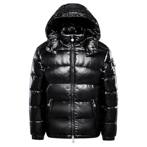 Image of Caxndycing Quilted Jacket, Men's Warm Winter Jacket, Shiny Puffer Jacket, Winter Hooded Jacket with Pockets, Zip, Plain Cross-Country Jacket, Hood, Cotton, Softshell Jacket, black, L