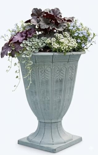 Image of My Square Mile Large Decorative Garden Urn Planter, 33 x 40 cm, Antique Grey Stone Effect, Weather-Resistant Plastic
