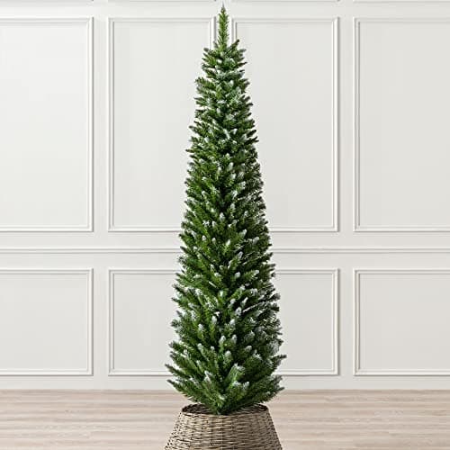 Image of Christow Frosted Pencil Christmas Tree 6ft, Artificial Slim Snowy Spruce, Indoor Home Xmas Decoration, Natural Looking Dual Tone PVC Needles, Easy Assembly with Stand (tree skirt not included)