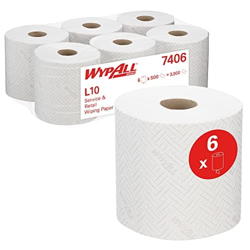 Image of WypAll L10 Service & Retail Wiping Paper 7406 - Centrefeed Roll for Roll Control and ReachPlus Dispensers - 6 Wiper Rolls x 500 White Paper Wipers (3,000 total)