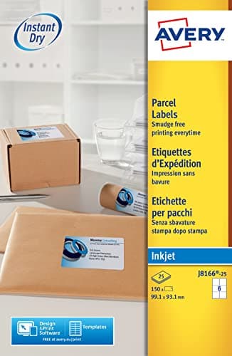 Image of Avery Printable, Customisable Parcel Shipping Address Labels, Inkjet Printers, 6 Labels per A4 Sheet, 150 Labels, Quickdry (J8166), White