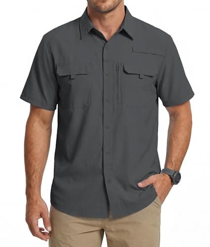 Image of Men's UPF 50+ UV Protection Short Sleeve Shirt, Lightweight Quick Dry Cooling Button Down Outdoor Shirt for Hiking Fishing Travel Safari Dark Grey 2XL