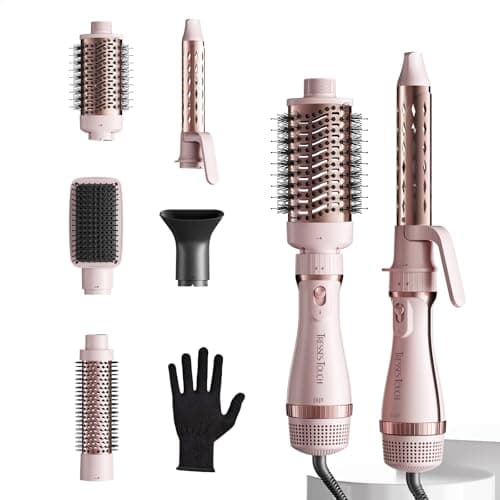 Image of Tresses Touch Hair Dryer Brush, 5-in-1 Blow Dry Hair Brush, Multi Hot Air Styler for Drying and Styling Volumizing Curling Sleeking in One Step, Ceramic Coating, Less Frizz, 3 Temperatures, Pink