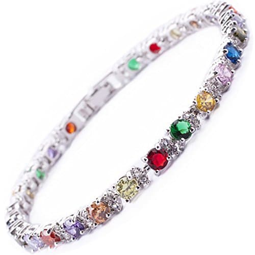 Image of RIZILIA Eternity Tennis Bracelet [18cm/7inch] with Round Cut Gemstones CZ [Multi Coloured] in 18K White Gold Plated, Simple Modern Elegance