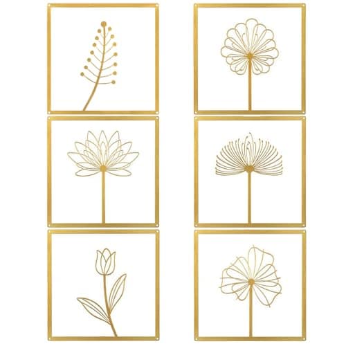 Image of YunBey 6-Piece Gold Metal Floral Wall Decor Set - Minimalist Wall Art for Living Room, Bedroom | Modern Home Decor, Scandinavian Style Wall Hangings | Boho Wall Accents, Decorative Metal Wall Art