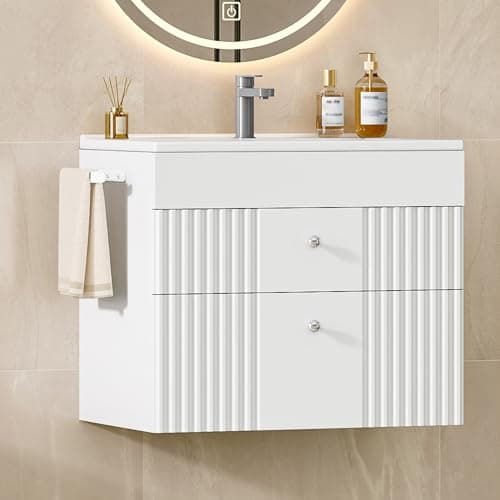 Image of Hzuaneri 600 mm Bathroom Vanity Unit, Wall Mounted Vanity Bathroom Unit with Ceramic Basin, Floating Bathroom Sink Cabinet with 2 Drawers, White, BC64103X