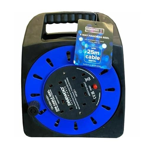 Image of Daewoo Extension Reel, 4 Way Socket with 25 Metre Cable, Heavy Duty with Resettable Safety Cut Out, Handbag Reel, Black and Green