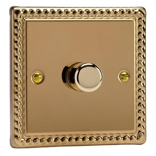 Image of Varilight Single V-Pro Rotary 2-Way LED Dimmer 1 x 0-120W - Classic Georgian Brass With Polished Brass Knob, JGP401