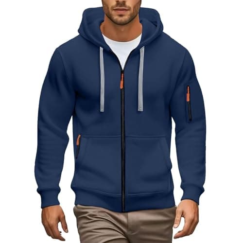 Image of Men'S Hoodies Casual Pullover Fleece Hooded Sweatshirt Long Sleeve Full Zip Hoody Tops With Kangaroo Pocket Plain Comfortable Hoody Hooded Top Drawstring Work Sweatshirts S-3Xl