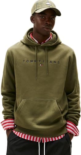 Image of Tommy Jeans Men's TJM REG LINEAR LOGO HOODIE EXT DM0DM20746 Pullover Hoodie, GREEN (Dark Greenery), M