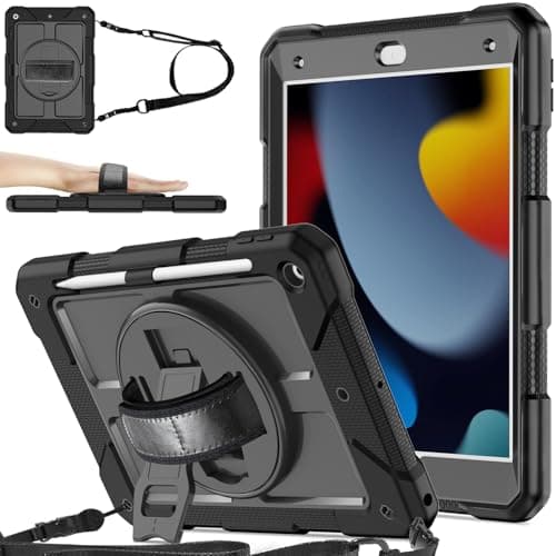 Image of SINSO Case for iPad 9th/8th/7th Generation 10.2 Inch (2021/2020/2019), Fully-Body Heavy Duty Shockproof ipad Cover with 360° Rotating Hand Strap/Stand/Shoulder Strap/Pencil Holder, Black