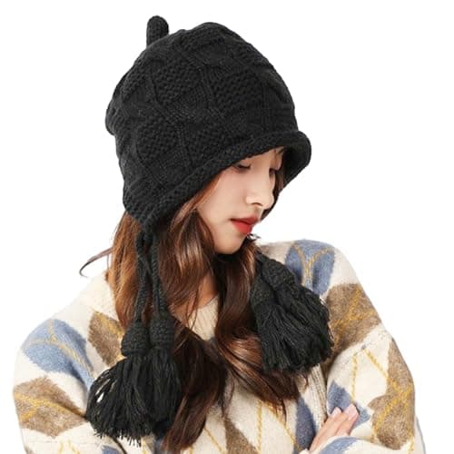 Image of IBLUELOVER Women Peruvian Beanie Hat Knitted Crochet Laplander Cap with Tassels Earflap Trapper Bomber Hat Winter Warm Slouchy Skull Beanie Cap Black
