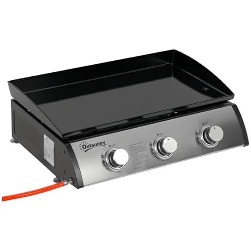 Image of Outsunny Gas Plancha Barbecue Grill with 3 Stainless Steel Burner, 7.5kW, Portable Tabletop Gas BBQ with Non-Stick Griddle for Camping Picnic Garden Party Festival