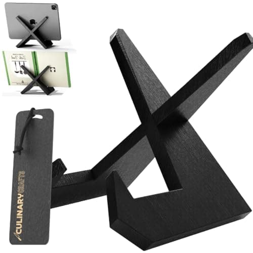 Image of Black Recipe Book Stand for Cookbook with Bookmark, Wooden Kitchen iPad, Vinyl and Book Holder for Display Stand, Cook Book