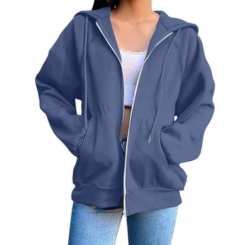 Image of OVARA Women's Zip Up Hoodie Lightweight Sport Jacket with Hood Warm Long Sleeve Zipped Sweatshirt with Pockets Plain Loose Fit Oversized Zip Hoodies for Women UK