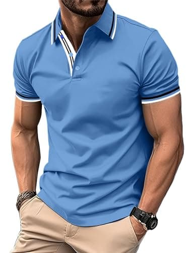 Image of geeksport Men's Polo Shirt Short Sleeve Golf Polo Outdoor Breathable Tops for Mens Sports T-Shirt Work Tee Light Blue XL
