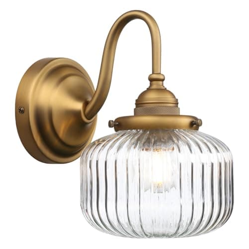 Image of JIMUBEAM Vintage Gooseneck Wall Light Sconce with Clear Striped Glass Globe Shade Hardwired Bedside Wall Mounted Lamp Fixture