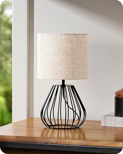 Image of EDISHINE Bedside Lamp, Table Lamp with Metal Cage Base & Linen Lampshade, Modern Lamps for Living Room Bedroom, E14 Socket (Bulb Included), Teardrop Cage, Black